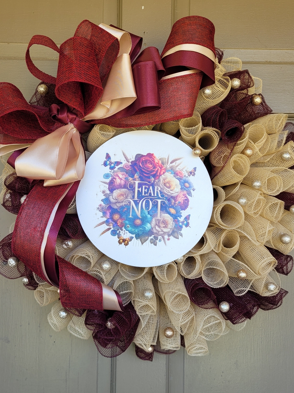 Decorative 'Fear Not' Floral Wreath in Burgundy and Tan New